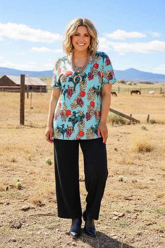 Women's t shirt wholesale horse riding cactus & leopard printed short sleeves BQ1024 (CS4)
