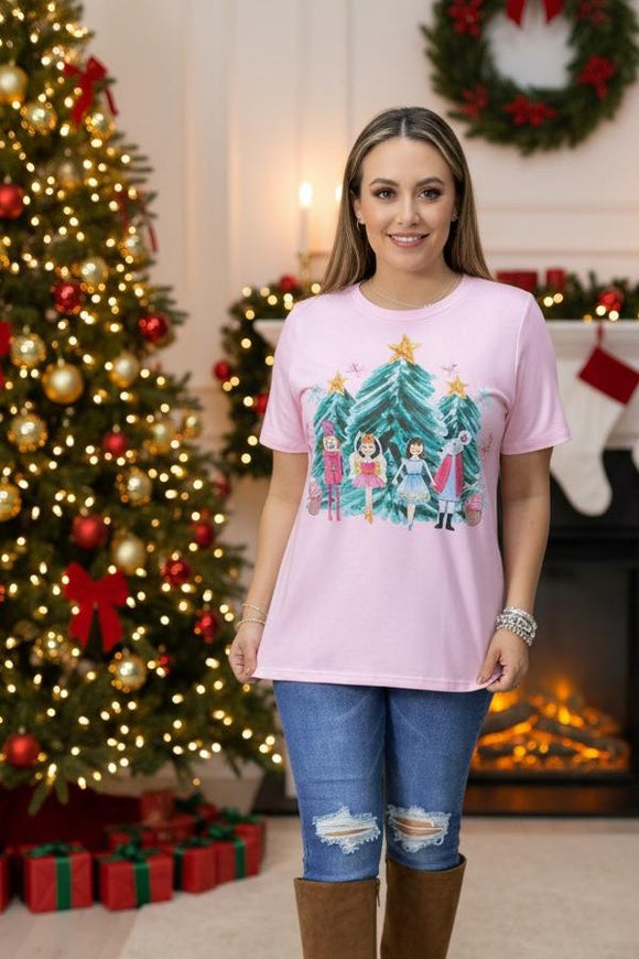 Dancing girls w/stars & trees multi color printed baby pink short sleeve women tops XCH15752 FS2