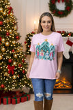 Dancing girls w/stars & trees multi color printed baby pink short sleeve women tops XCH15752 FS2