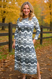 Western aztec printed 3/4 sleeve maix women dress w/slit GJQ15566
