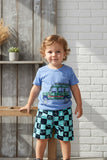 Summer camo car printed grey short sleeve top & checkered shorts 2pc boy set 250945M