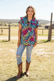 Western leopard double ruffle/black pompom short sleeve women tops BQ15644 FS3