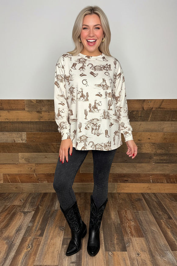 Western riding & cactus printed long sleeve women shirts XCH16760