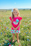 Girls clothing wholesale Fuchsia top & floral prints shorts 2pcs children sets DLH2873 (A9S1)
