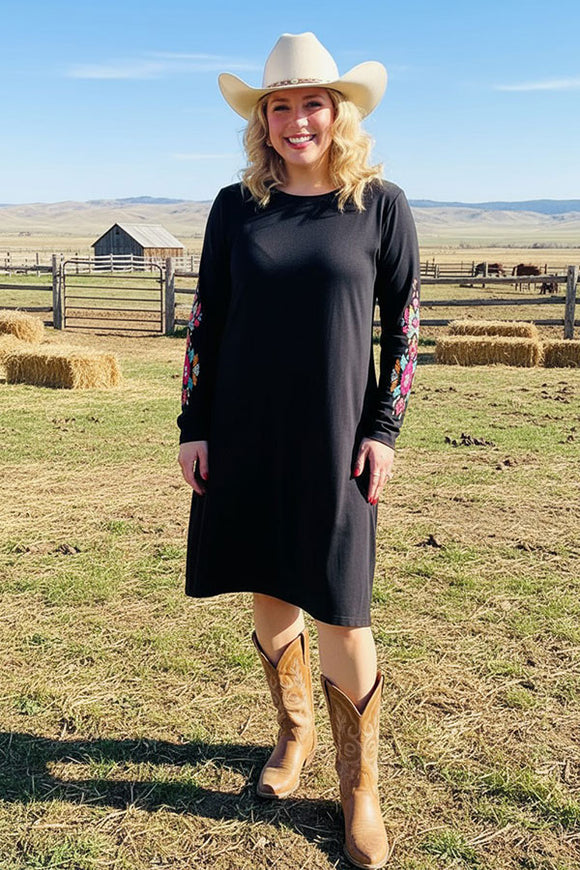 Aztec embroidery long sleeve black women dress w/side pocket BQ15496 AS13