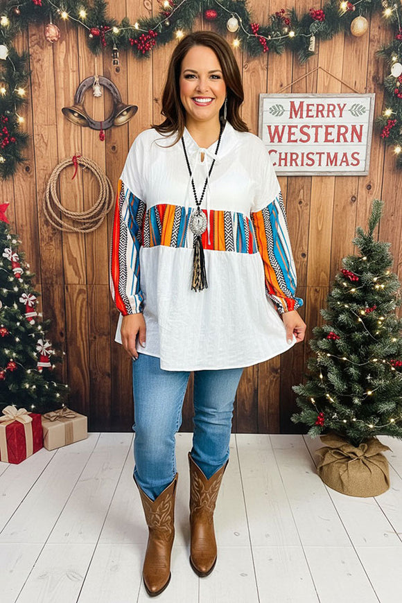 Multi color striped printed w/string white long sleeves women blouse BQ13781 (CS8)