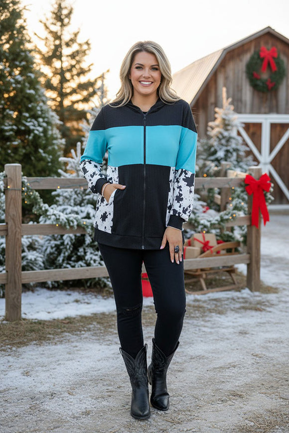 Cow printed mint & black long sleeve women hoodie/tops GJQ15263 ES3