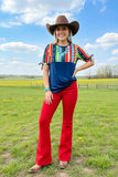 Western plus size women clothing Navy blue top w/multi color serape print GJQ10890 (FS12)