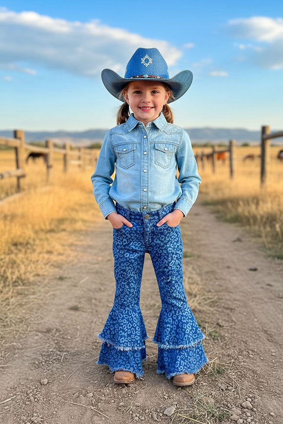 Leopard printed blue denim bell bottom girl jeans DLH2522