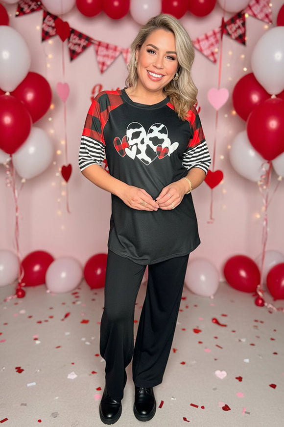 Cow hearts printed valentine short sleeve black women t-shirt DLH12141