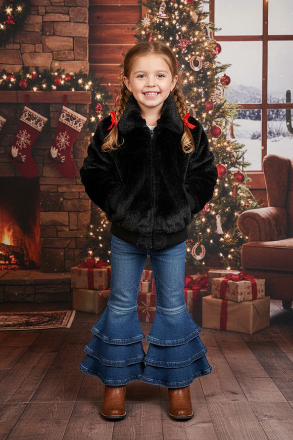 DLH2556 Kids Black fleece long sleeve girls jacket w/pockets (A11S3)