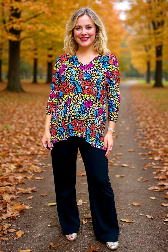 Leopard printed 3/4 sleeve top & black pant 2pcs women sets GJQ15718 AS8