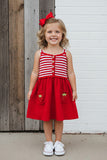Knited red striped & red gauze strawberry pocket girls dress DLH2844 (A2S8)