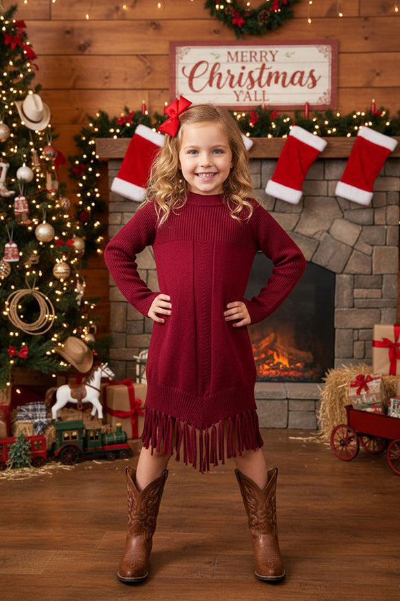 Red knit long sleeve girls sweater dress w/tassels DLH2516  (A2S8)