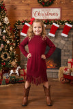 Red knit long sleeve girls sweater dress w/tassels DLH2516  (A2S8)