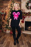 Pink sequin candy cane patch black short sleeve women t-shirt XCH16542