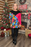 Floral & black & fuchsia color block long sleeve women blouse XCH13960 HS1