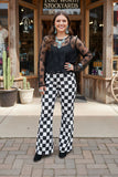 Black white checkered cotton denim flare legs women pant XCH16817 IS21
