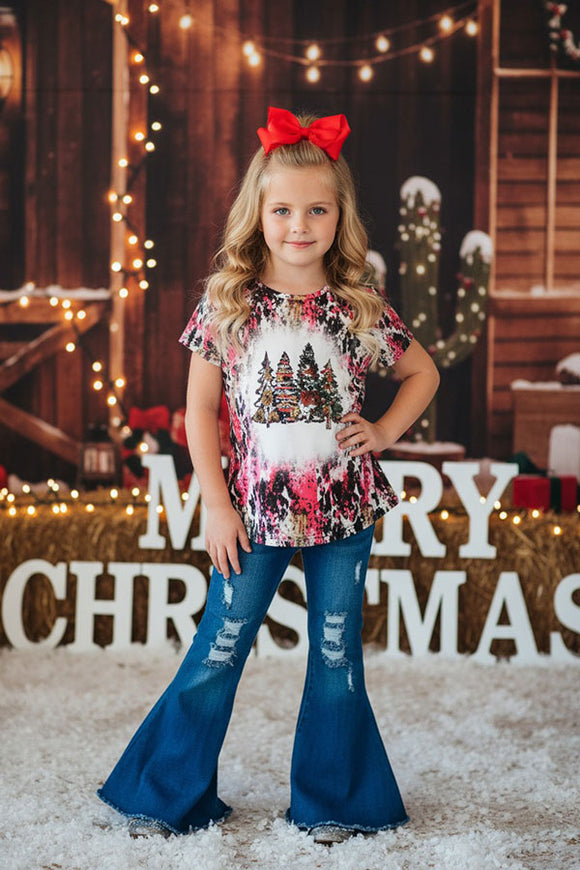 PINK Christmas tree printed short sleeve girl t-shirt XCH0722-23H