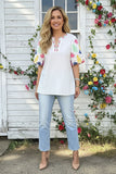 Spring floral embroidery puff short sleeve white women blouse XCH16531
