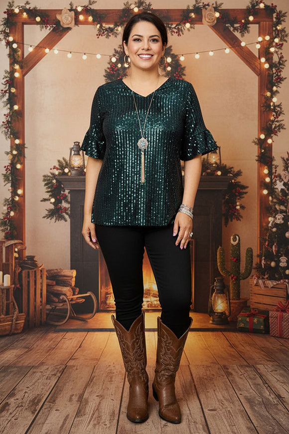 Women top wholesale jasper sequin w/ruffle short sleeve with v-neckline XCH15277-2 FS7