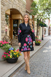 Western flower printed black women dress with/long sleeve and belt BQ16173 (BS8)