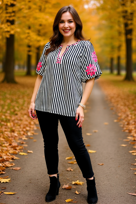 Knitted striped fuchsia floral embroidery puff short sleeve women top XCH16414