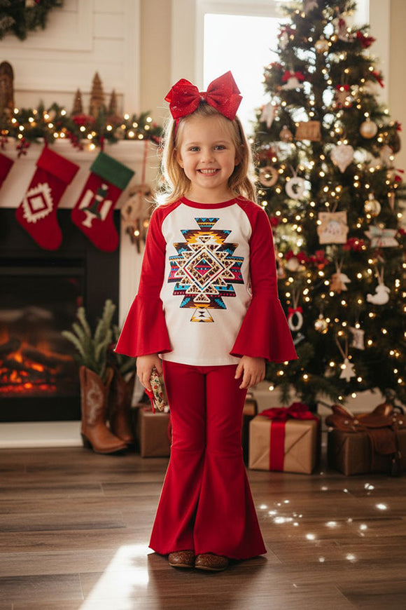 Aztec prints raglan sleeve top bell bottom 2pc girls sets DLH0913-14  (A5S3)
