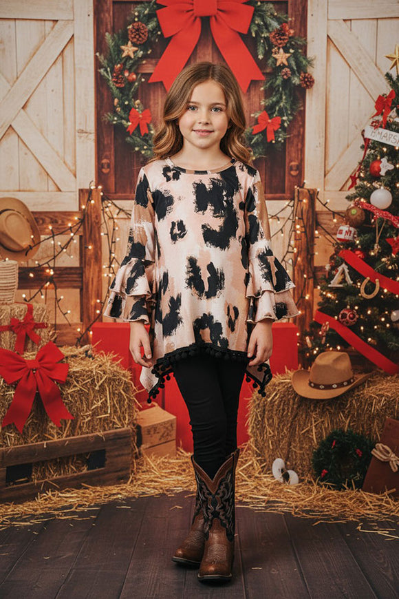 Western kids wear Leopard top with pompoms black legging girls clothing sets XCH0024-11H (A10S3)