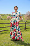 Plus size mint & red floral printed balloon sleeve women maxi dress BQ16099 BS6