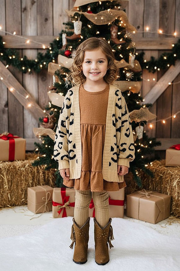 Mom and me  knitted brown leopard long sleeve girls sweater 240608M  (A11S1)