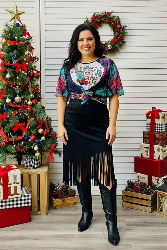 Plus size Black fringe trim asymetric hem faux suede skirt BQ14114 IS11