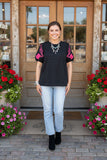 Pink floral embroidery puff short sleeve black women blouse XCH16809