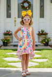 Multi color striped daisy printed girl dress XCH0888-22H (A1S6)