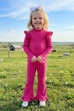 Pink knitted ruffle long sleeve & bell bottom 2pc girls clothing sets DLH2830