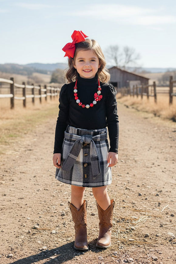 Black knitted long sleeve top flannel skirts girls outfit sets DLH2817