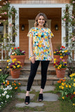 Women's short sleeve t-shirt suppliers Floral printed w/ruffle sleeve & bottom HX5620 (FS9)