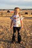 Halloween pumpkin & ghost printed ruffle short sleeve girls top DLH2617 9S6