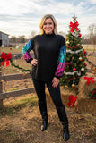 Western sequin long sleeve black women top w/tighten cuff BQ15437