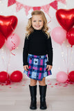 Black ribbed knitted fabric long sleeve top & plaid shorts 2pc girls sets DLH2840