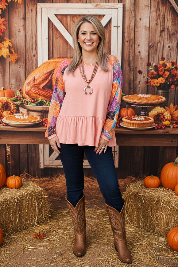 Floral printed sleeve & pink women blouse with/ruffle bottom XCH15485 Cfloor