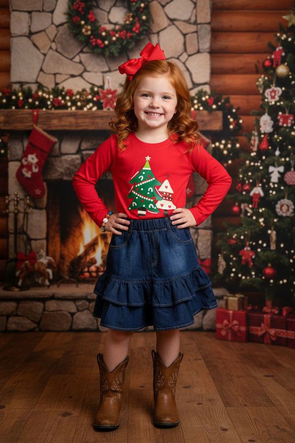 Christmas tree t-shirt w/denim skirt set DLH0824-9 A9S6