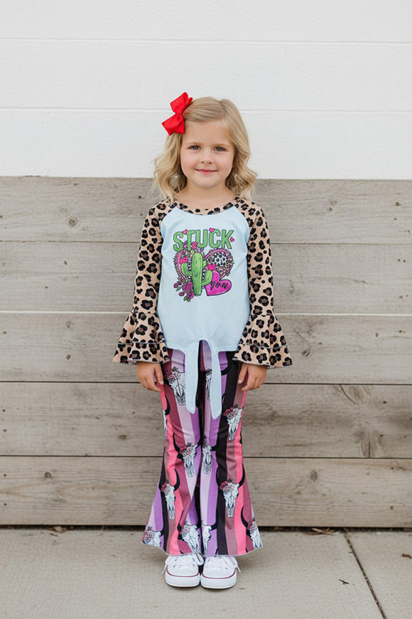 DLH2733 STUCK on you leopard prints cactus & hearts raglan girls top (A7S7)