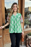 Pink floral emboridery puff sleeves green women blouse XCH16810