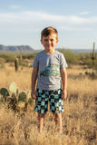 Summer camo car printed grey short sleeve top & checkered shorts 2pc boy set 250945M