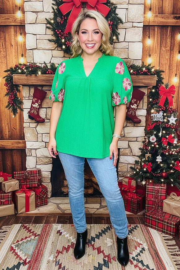 Flower embroidery green crepe fabric lantern short sleeve women top XCH16346 CS6