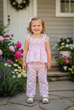 Pink checkered gauze shirred top & wide leg pant 2pc girls set 251276M
