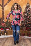 Floral printed 3/4 bell sleeve black women tops w/v-neckline GJQ15749 GS6
