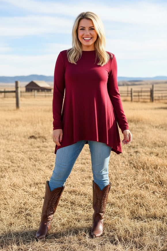 Burgundy long sleeve baby doll women top w/ irregular bottom BQ15412 BS10