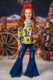 Wholesale sunflower & checkered prints long sleeve girls t-shirt DLH0824-12 A9S4